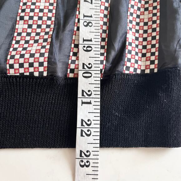 Tory Burch Black Merino Wool Geometric Striped Silk Panel Crewneck Sweater Sz XS - Picture 7 of 8